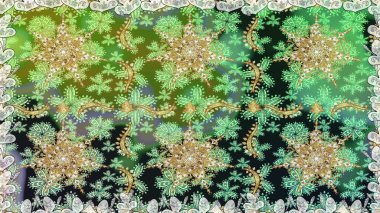 Geleneksel Arap dekoru yeşil renklerde. Çiçekli süslemeli, pürüzsüz bir desen. Duvar kâğıdı için altın süslü bir illüstrasyon. Doğu tarzında klasik tasarım öğesi. Süslü dantel iz sürücü.