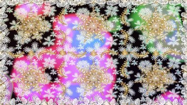 Tarafsız renkler üzerine geleneksel Arapça dekor. Çiçekli süslemeli, pürüzsüz bir desen. Duvar kâğıdı için altın süslü bir illüstrasyon. Süslü dantel iz sürücü. Doğu tarzında vintage tasarım ögesi.