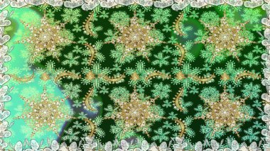 Yeşil renklerdeki altın element. Süslü raster dekorasyonu. Lüks, kraliyet ve Viktorya dönemi konsepti. Klasik barok çiçekli desenli altın sarısı yeşil.