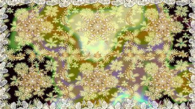 Çiçek kiremitleri. Altın elementlerle nötr renklerde altın desen. İslam tasarımı. Kusursuz desenli oryantal süs. Raster altın tekstil baskısı.