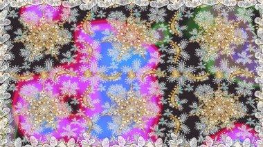 Davetiyeler, kartlar, web sayfası için Raster illüstrasyon. Gri renklerdeki altın element. Çizgi sanatı tasarım şablonu için kusursuz sınır. Altın desenli çiçek dekoru. Doğu tarzı ögesi.