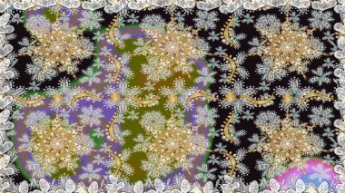 Çiçekli süslemeli, pürüzsüz bir desen. Duvar kâğıdı için altın süslü bir illüstrasyon. Gri renkli geleneksel Arapça dekor. Doğu tarzında klasik tasarım öğesi. Süslü dantel iz sürücü.