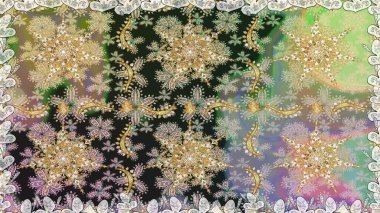 Kına dövmeli süs çiçekleri, altın çıkartmalar, mehndi ve yoga tasarımı, kartlar ve parmak izleri. Tarafsız renklerde desen. Raster altın mehndi kusursuz desen.