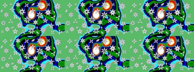 Raster Modaya uygun kumaş deseni. Renkli Bahar Teması eskiz kalıbı. Yeşil renkli şirin çiçek deseni. Düz Çiçek Elementleri Tasarımı.