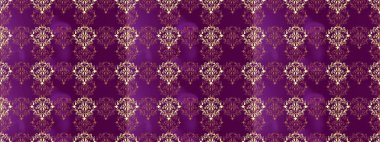 Doku arka planında altın duvar kâğıdı. Damask kusursuz yinelenen arkaplan. Barok tarzında altın çiçekli süs. Mor, kahverengi ve bej renklerde altın element.