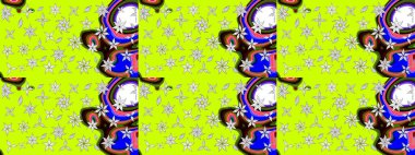 Raster illüstrasyonu. Şirin çiçekli eskiz deseni ve yeşil renkli yapraklar, suluboya çiçek deseni, duvar kağıdı, kart veya kumaş için fayanslı.