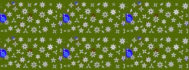 Çok yeşil zarif küçük çiçekler ve yeşil renkli komik böcekler, raster desen, illüstrasyon.