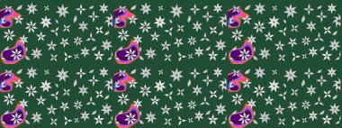 Şirin çiçekli, desenli, yeşil renkli bir eskiz deseni. El çizimi çiçek çizimi deseni (fayans). Tekstil için suluboya çizim deseni.