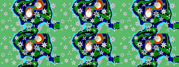 Raster Modaya uygun kumaş deseni. Renkli Bahar Teması eskiz kalıbı. Yeşil renkli şirin çiçek deseni. Düz Çiçek Elementleri Tasarımı.