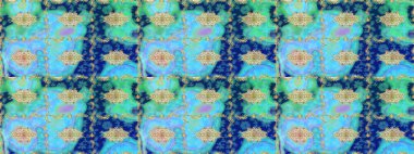 Altın elementlerle mavi renklerde altın desen. Eskiz desenli oryantal süs. Çiçek kiremitleri. Raster altın tekstil baskısı. İslam tasarımı.