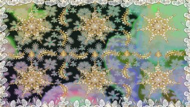 Hassas altın deseni açın. Raster. Doğu tarzı arabesk. Kusursuz altın desenli bukleler. Parlak dantel, stilize çiçekler, şal desenli. Gri renklerde, altın elementlerle kusursuz desen.