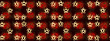 Kar tanelerinin soyut arkaplanlı Noel şablonu. Kahverengi, siyah ve kırmızı kar taneleri. Raster illüstrasyonu. Renkler. Noel ve Yeni Yıl moda baskıları için tatil tasarımı.