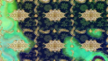 Antika altın tekrarlanabilir duvar kağıdı. Yeşil renklerdeki altın element. Barok tarzında altın çiçek süsü. Damask çizim şablonu yineleniyor.