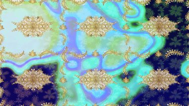 Raster geleneksel oryantasyon süsü. Klasik altın desenli çizim. Altın elementlerle mavi renklerde altın desen.