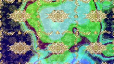 Tasarım için Damask çizim kalıbı. Yeşil renkler ve altın elementler üzerine Raster çizim deseni.