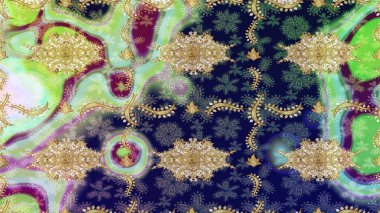 Raster illüstrasyonu. Tarafsız renkler ve altın elementler üzerine altın eskiz deseni. Klasik altın desenli eskiz. Tekrarlayan ögelerle soyut arkaplan Raster.