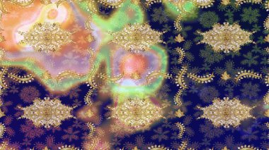 Klasik altın desenli eskiz. Raster illüstrasyonu. Altın elementli mavi renklerde altın eskiz deseni. Tekrarlayan ögelerle soyut arkaplan Raster.