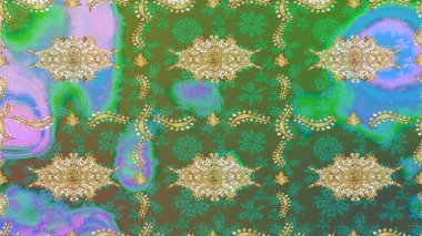 Damask altın soyut çiçek deseni yeşil renklerde. Raster illüstrasyonu. Süsleme.