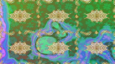 Kraliyet lüksü, altın barok kumaş rengi eskiz. Raster eskiz deseni altın antika ortaçağ dekoratifi, yapraklar ve yeşil renkli altın desenli süslemeler..