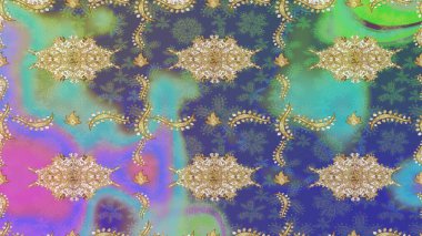 Raster Golden eskiz kalıbı. Çizim altın desenli bukleler. Doğu tarzı arabesk tarzında altın elementler. Mavi renkte çizim deseni.