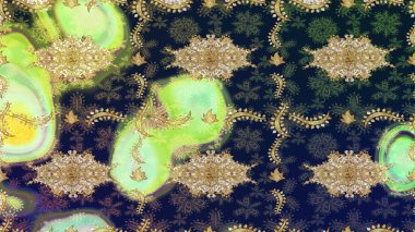 Kraliyet retro 'su mavi renkte. Eskiz kalıbı altın elementler. Klasik çiçek dokusu. Altın şablon. Kart, duvar kağıdı, ambalaj ve tekstil için klasik tasarım. Raster illüstrasyonu.