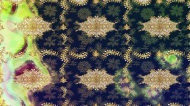 Altın şablonu çiz. Raster oryantal süs. Mavi renkler ve altın elementlerle çizim deseni.