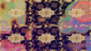 İslam tasarımı. Raster altın tekstil baskısı. Çiçek kiremitleri. Eskiz desenli oryantal süs. Altın elementlerle gri renklerde altın desen.