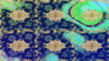 Raster illüstrasyonu. Mavi renkte altın. Dekoratif simetri arabesk. Ortaçağ çiçek desenini çiz. Doğum günü, davetiye ya da afiş için tebrik kartı.