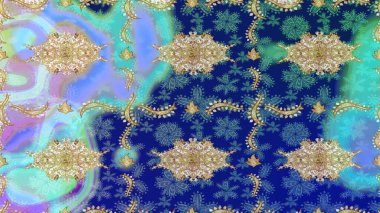 Çiçek kiremitleri. Raster altın tekstil baskısı. İslam tasarımı. Altın elementlerle mavi renklerde altın desen. Çizim desenli oryantal süs.