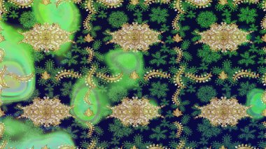 Klasik klasik klasik arka plan. Geleneksel oryantasyon süsü. Klasik Raster yeşili ve altın desenli çizim.