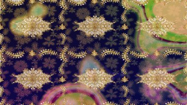 Raster illüstrasyonu. Gri renkli ve altın elementli klasik eskiz deseni.