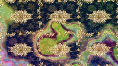 Parlak dantel, stilize çiçekler, şal desenli. Hassas altın deseni açın. Doğu tarzı arabesk. Altın desenli bukleler çiz. Gri renkli ve altın elementli eskiz deseni. Raster..