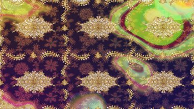 Altın desenli bukleler çiz. Parlak dantel, stilize çiçekler, şal desenli. Kahverengi renkli ve altın elementli eskiz deseni. Raster sanatı. Hassas altın deseni açın. Doğu tarzı arabesk.