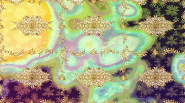 Klasik Raster altın desenini çiz. Tarafsız renklerde altın elementlerle çizim. Klasik klasik klasik arka plan. Raster illüstrasyonu. Geleneksel oryantasyon süsü.