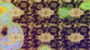 Hassas altın deseni açın. Altın desenli bukleler çiz. Doğu tarzı arabesk. Kahverengi renkli ve altın elementli eskiz deseni. Raster sanatı. Parlak dantel, stilize çiçekler, şal desenli.