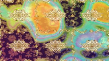 Raster eskiz deseni altın antika ortaçağ dekoratifi yapraklar ve altın desenli süslemeler ile tarafsız renklerde. Kraliyet lüksü, altın barok kumaş rengi..