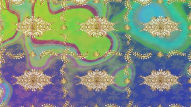 Klasik klasik klasik arka plan. Klasik Raster altın desenini çiz. Altın elementlerle yeşil renklerde altın desen. Geleneksel oryantasyon süsü.