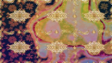 El yapımı dekoratif çerçeve, albüm kapağı, tebrik kartı, klasik Art deco tarzı. Altın karalama fantezi yapraklarından Raster soyut çiçek çelengi ve bej renkli bir çiçek.