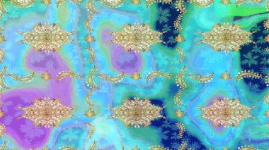 Süslü raster dekorasyonu. Altın elementlerle mavi renklerde altın desen. Barok biçiminde duvar kağıdı tasarımı için şablon çizimi arkaplanı.