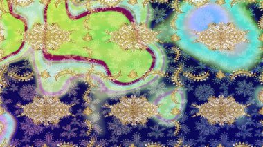 Klasik Raster altın desenini çiz. Klasik klasik klasik arka plan. Mavi renkler ve altın elementler üzerine çizim. Geleneksel oryantasyon süsü.