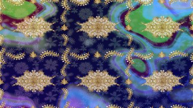 Raster illüstrasyonu. Altın üstüne altın, mavi renklerde, altın elementlerle. Klasik altın desenli eskiz. Tekrarlayan ögelerle soyut arkaplan Raster.