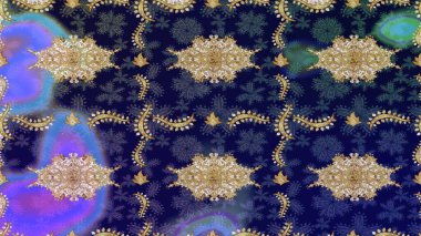 Raster eskiz deseni, altın antika ortaçağ dekoratifi, yapraklar ve mavi renklerde altın desenli süslemeler. Kraliyet lüksü, altın barok kumaş rengi..