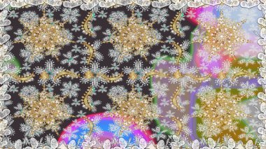 Klasik oryantal desen gri renklerden üstündür. Geleneksel raster ve altın desen. Damask pürüzsüz süsü.