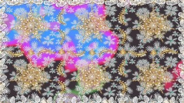 Altın karalama fantezi yapraklarından ve gri renkli çiçeklerden Raster soyut çiçek çelengi. El yapımı dekoratif çerçeve, albüm kapağı, tebrik kartı, klasik Art deco tarzı.