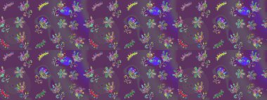 Raster illüstrasyonu. Küçük çiçekteki sevimli çiçek deseni. Raster deseni. Soyut çiçek desensiz arkaplan. Mor, gri ve mor renklerde.