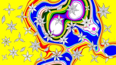 1950-1960 motifleri. El çizimi çiçek unsurları olan soyut çizim raster deseni. Retro tekstil tasarım koleksiyonu. Çiçekli ipek eşarp. Sarı üstüne sarı.