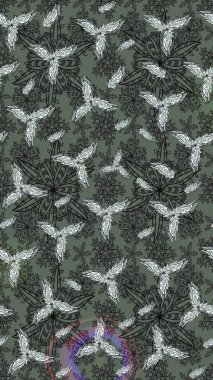 Raster illüstrasyonu. Asya tekstil tarzında. Gri renkli çiçekler. Çiçek desenli çizim. Raster illüstrasyonu.