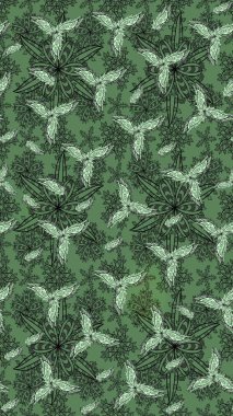 Raster deseni. Bahar çiçekleri dallı desen, yeşil renkler çiçekli siluet.