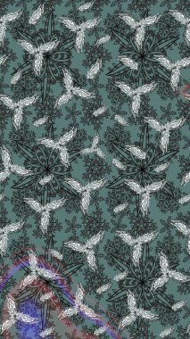 Raster çiçek desenli çiçek deseni, yapraklar, dekoratif elementler, sıçrama, lekeler, el çizimi kontur çizgileri ve Doodle çizim stili, grafik raster çizim çizimi.