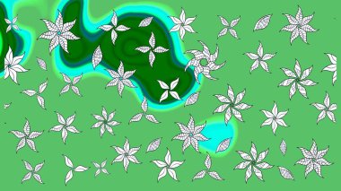 Çiçek desenli çizim. Yeşil renkli çiçekler. Asya tekstil tarzında. Raster illüstrasyonu. Raster illüstrasyonu.